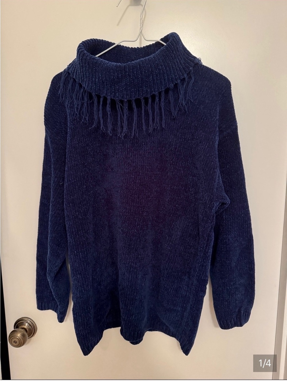Rafaella Navy Chenille Turtleneck Sweater with Fringe
